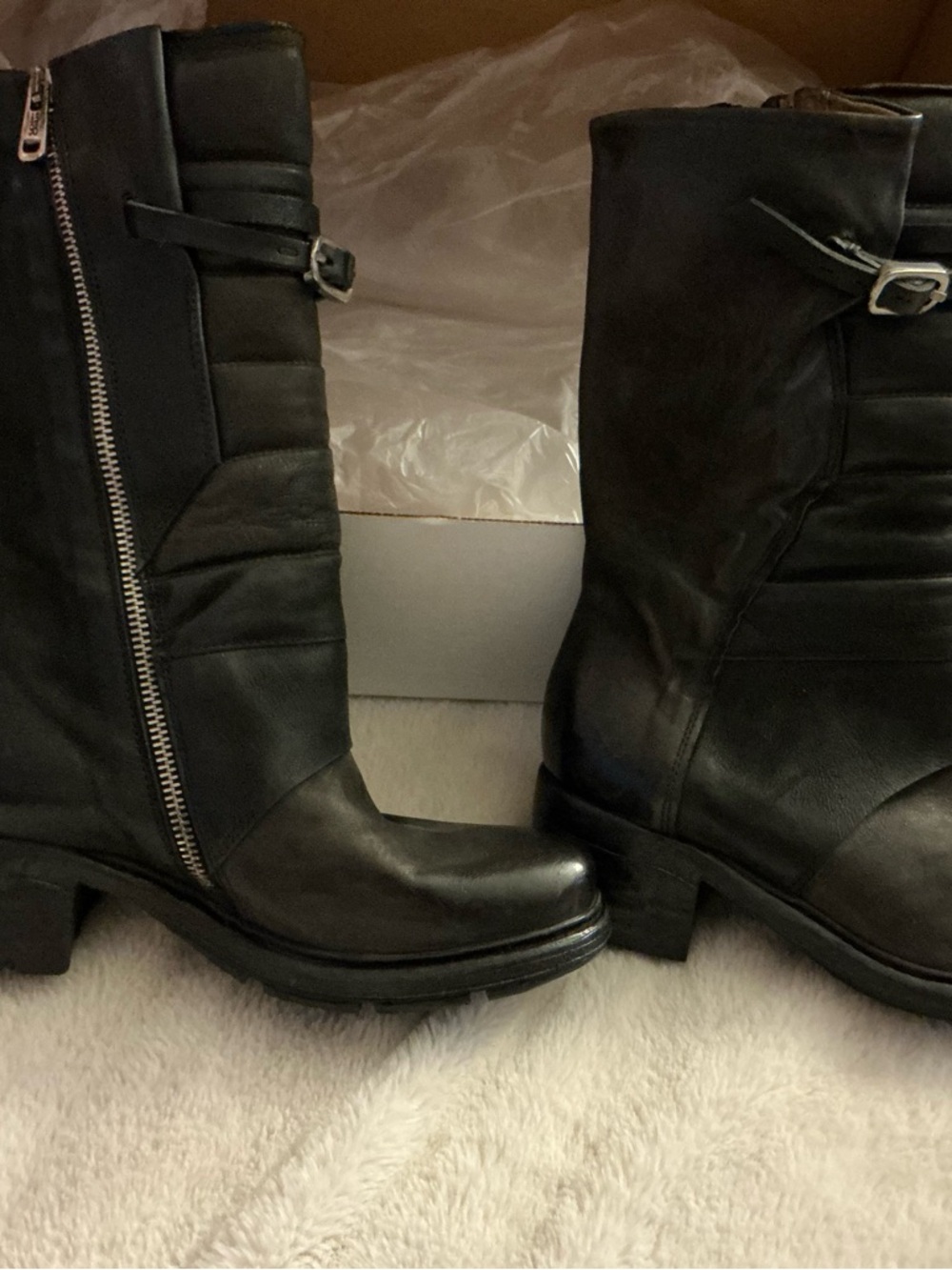 A.S.98 Black Leather Mid-Calf Lace-Up Boots with Side Zipper